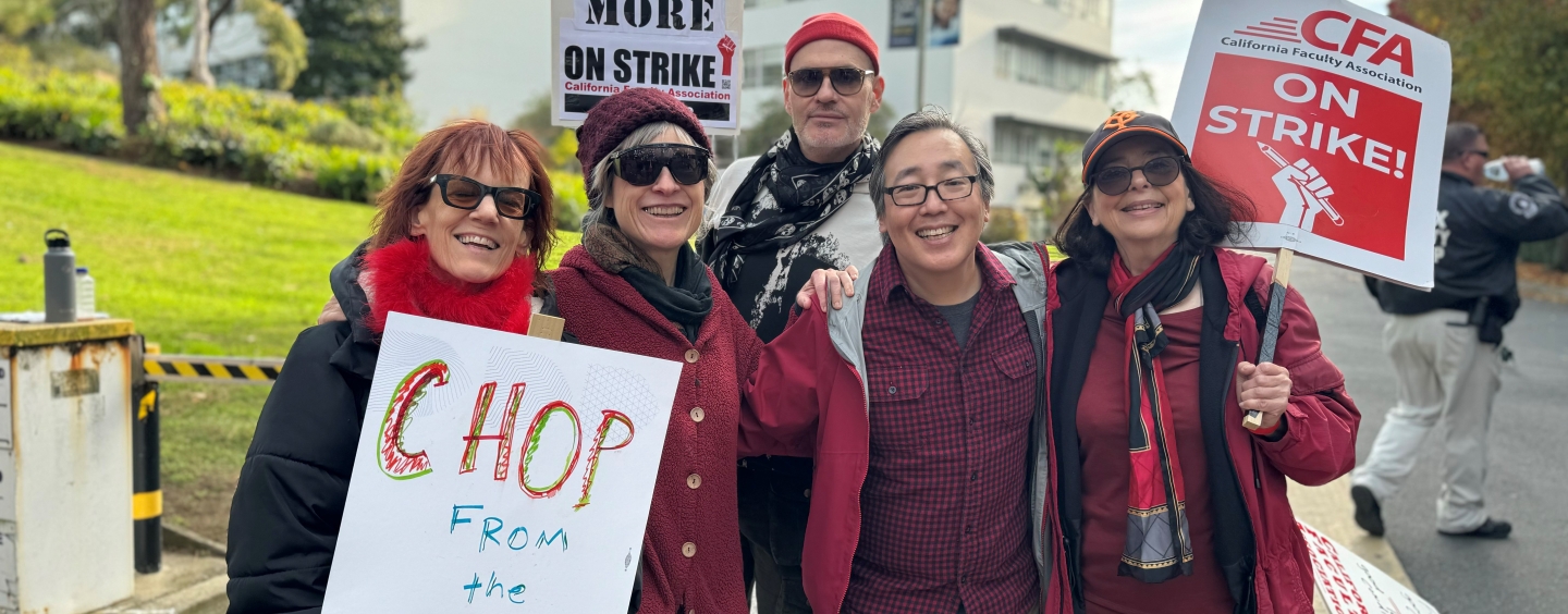 Michelle Carter, Nona Caspers, Matthew Davison, Junse Kim & Anne Galjour carrying sings that read Chop from the top; chop the top raise the floor 2% is tiny we want more On Strike; CFA On Strike