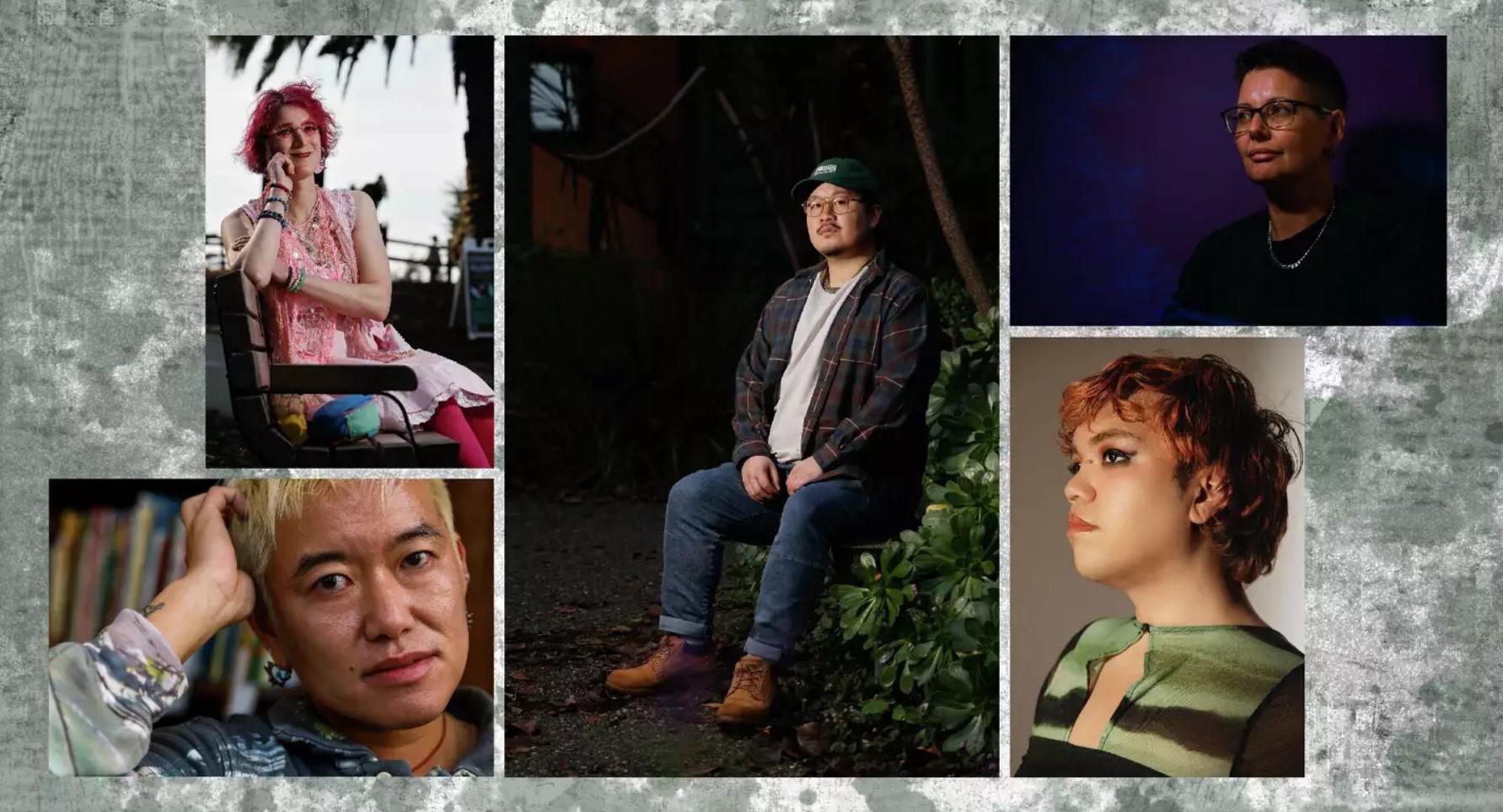 Through their writing, transgender authors — including, clockwise from top right: Caro De Robertis, Vera Blossom, Kyle Chu, Lio Min, Charlie Jane Anders — in the Bay Area are responding to recent waves of anti-LGBTQ legislation. Collage: Ava Mandoli/The Chronicle; photos: Lea Suzuki/The Chronicle (Chu, Anders), Yalonda M. James/The Chronicle (Min, De Robertis) and Malik Daniels (Blossom)