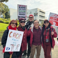 Michelle Carter, Nona Caspers, Matthew Davison, Junse Kim & Anne Galjour carrying sings that read Chop from the top; chop the top raise the floor 2% is tiny we want more On Strike; CFA On Strike