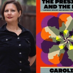Carolina De Robertis with her book entitled "The President and the Frog"