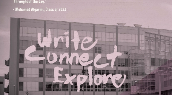 Students in front of the SF State Library with the words "Write, Connect, Explore" across the image.
