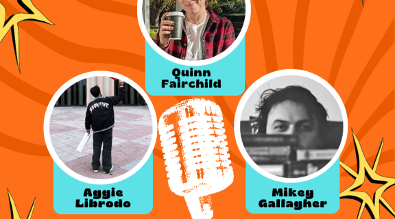 Take Place Presents Aggie Librodo, Quinn Fairchild & Mikey Gallagher, Tuesday October 28th. The readers are pictured here surrounded by an orange background. 