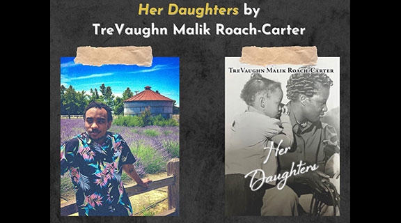 Collage of two photos: TreVaugh Malik Roach-Carter leans against a fence, book cover depicting photo of child and adult